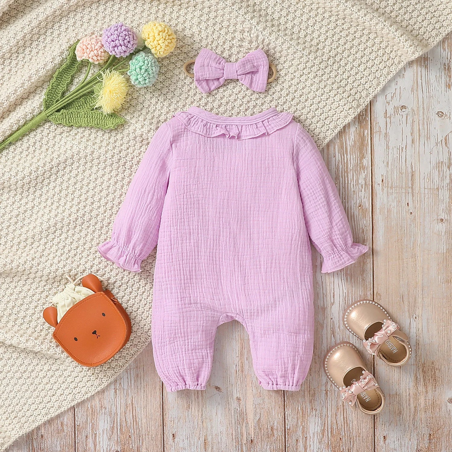Newborn-6M Baby Girls Long Sleeve Solid Single Breasted Dressy Jumpsuit+Headband