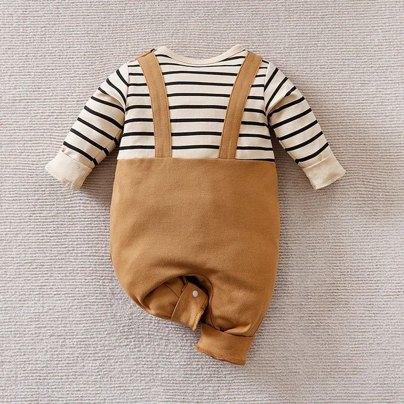 0-18Months Boys and Girls Baby Spring and Autumn Long-Sleeve Romper Fake Suspenders Beige Bear Stripes 100% Cotton baby clothes