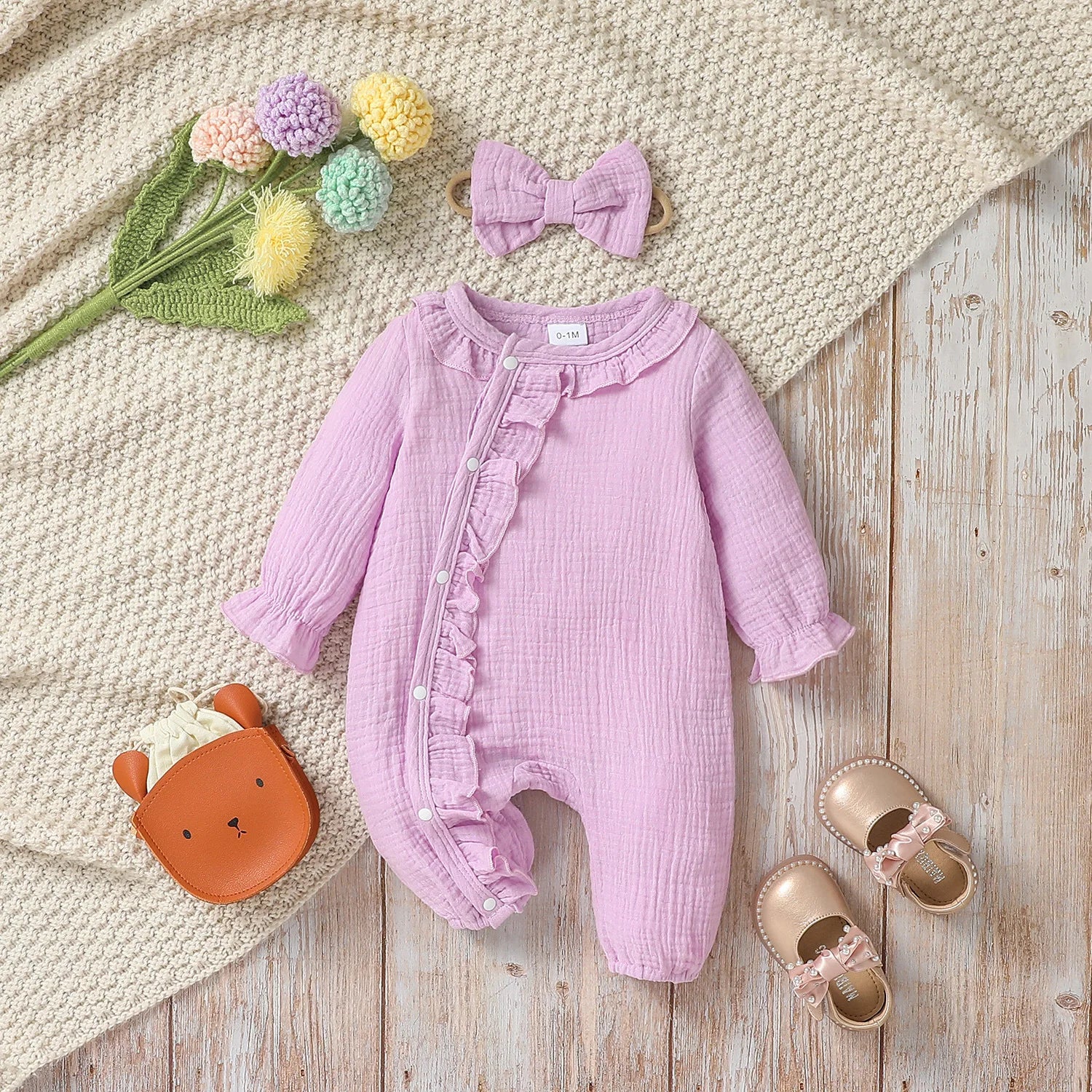 Newborn-6M Baby Girls Long Sleeve Solid Single Breasted Dressy Jumpsuit+Headband