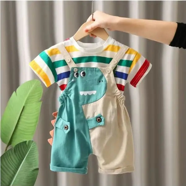 Summer Baby Boys Solid Color Short Sleeve Tracksuits Rainbow Striped Thin Tees Suits Dinosaur Strappy Shorts Little Girl Outfits