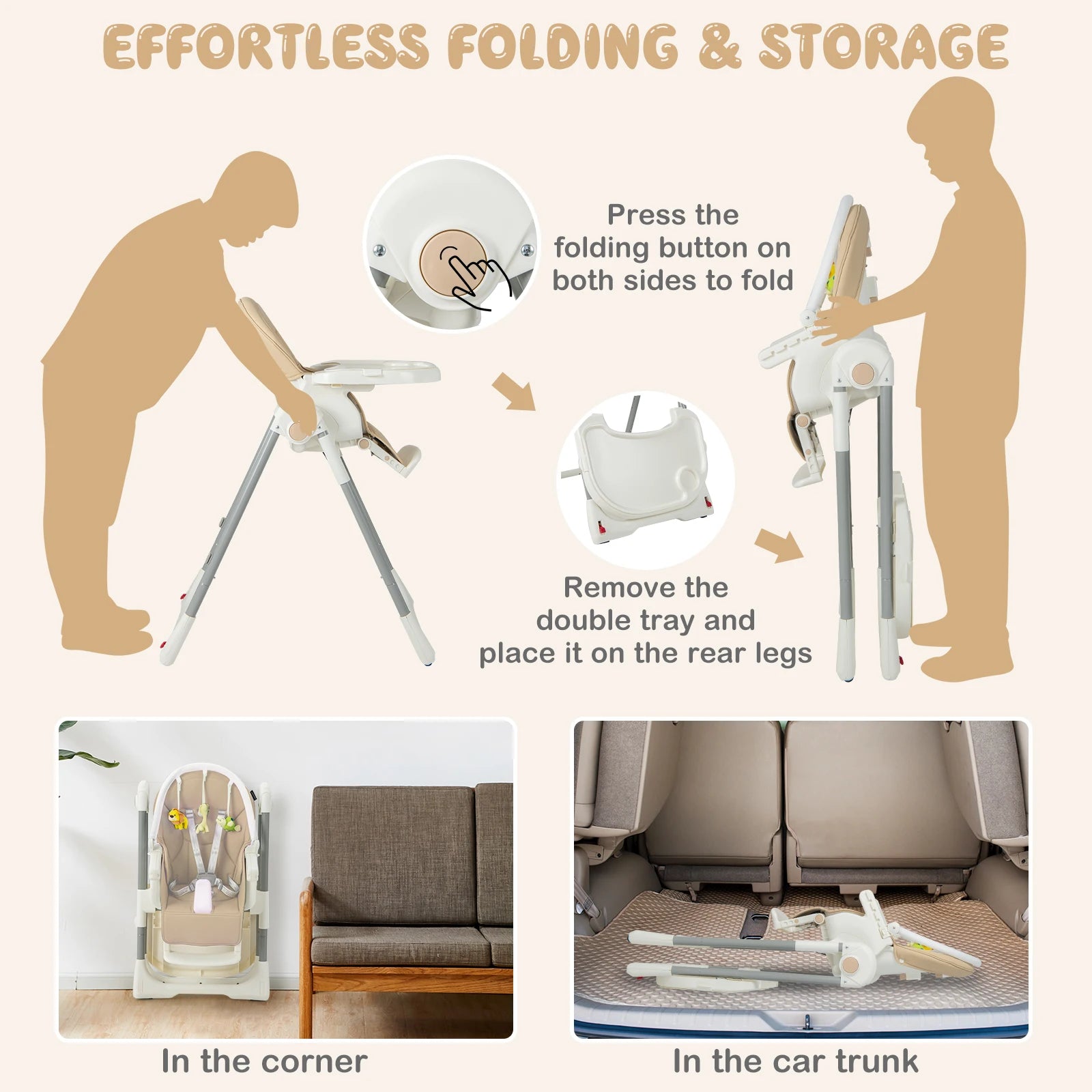 GOFLAME 4-in-1 Folding Baby High Chair with Adjustable Tray