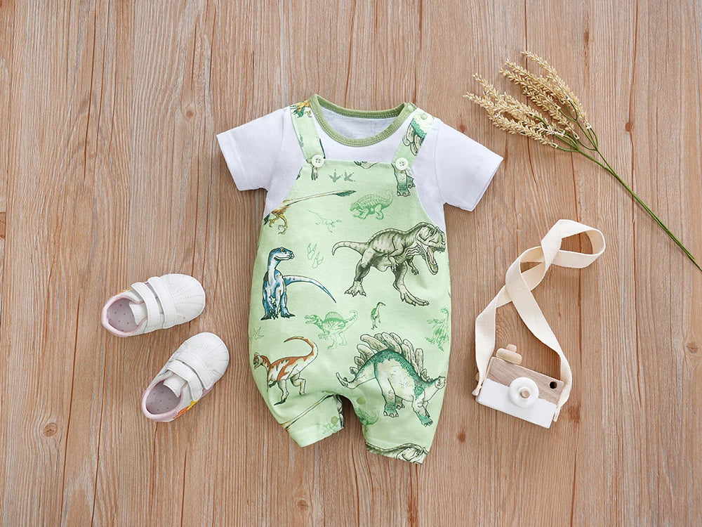 IURNXB Newborn Baby Overall Romper for Boys Infant Short Sleeve Dinosaur Printed One Piece Outfit Summer Bodysuit 0-12M