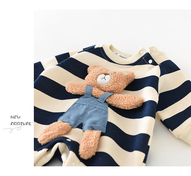 MILANCEL Thicken Lining Boys Baby Rompers Striped Cartoon Girls Jumpsuits Bear Outfit