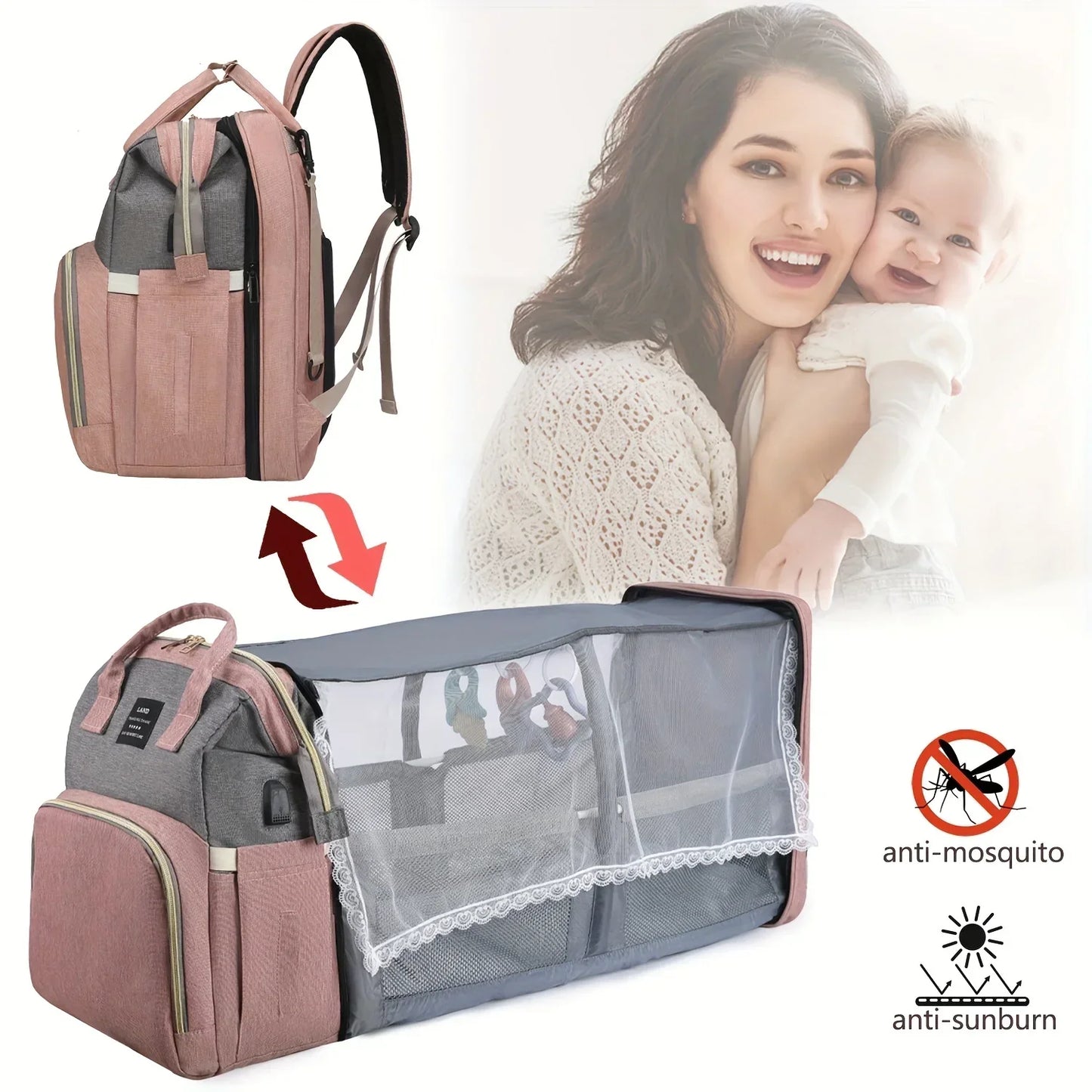 Foldable and Portable Mommy Backpack - with Crib Bed, Straps Large Capacity Diaper Bag Maternity Bag for Baby New Baby Equipment