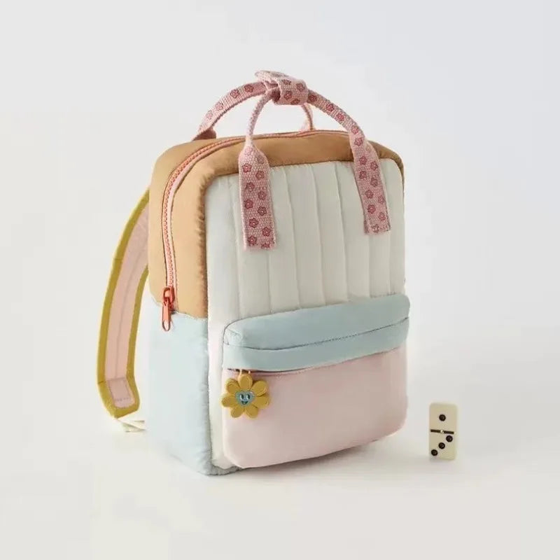 Cute Kids' Backpack with Sunflower Pendant – Colour-Block Design