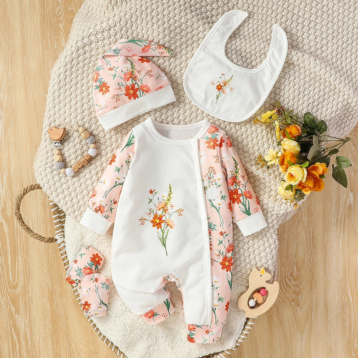 4PCS Baby Girl Cartoon Deer Jumpsuit Set – Bib, Hat & Gloves