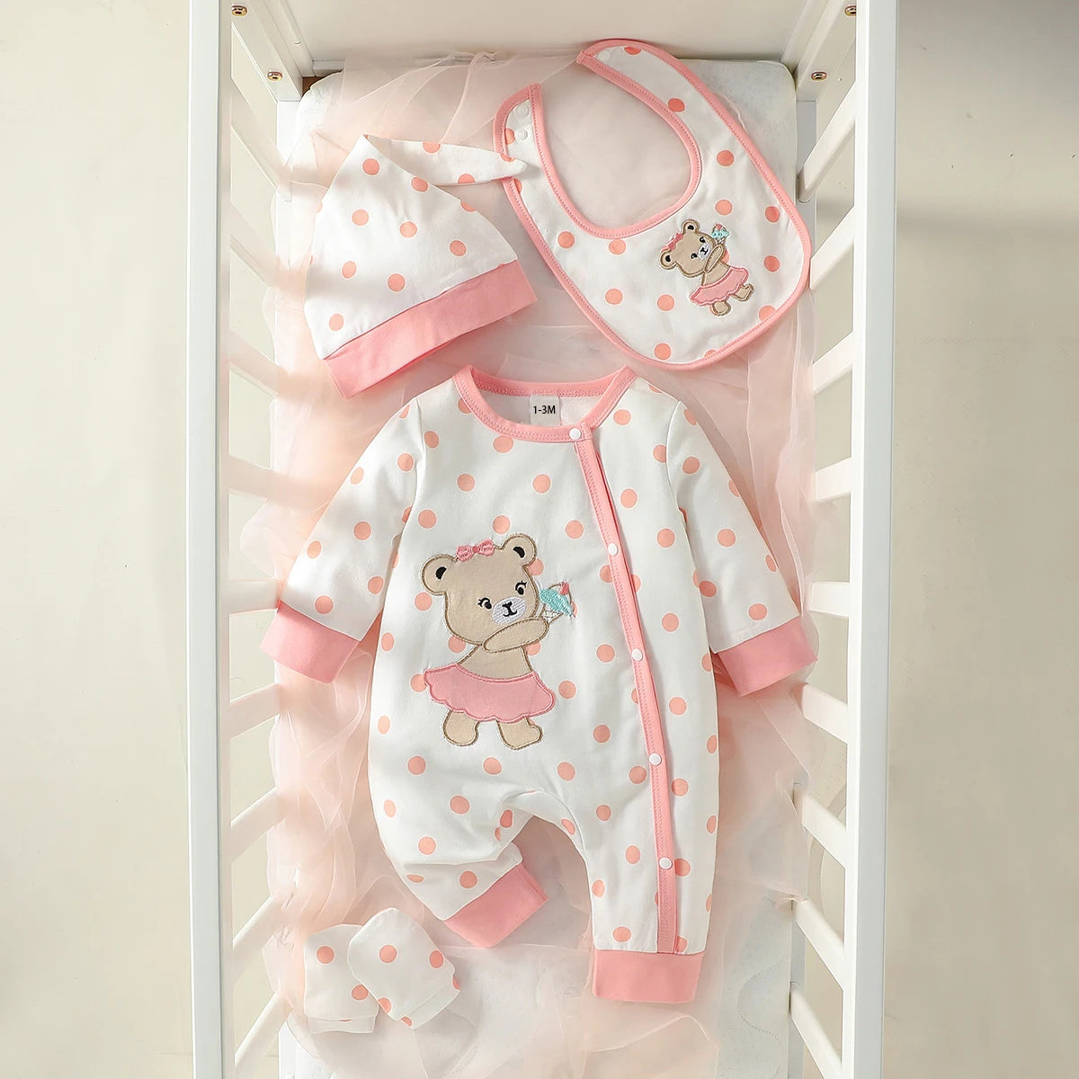 2025 Baby Girl 4PCS Bear Embroidered Jumpsuit Set – Bib, Hat & Gloves
