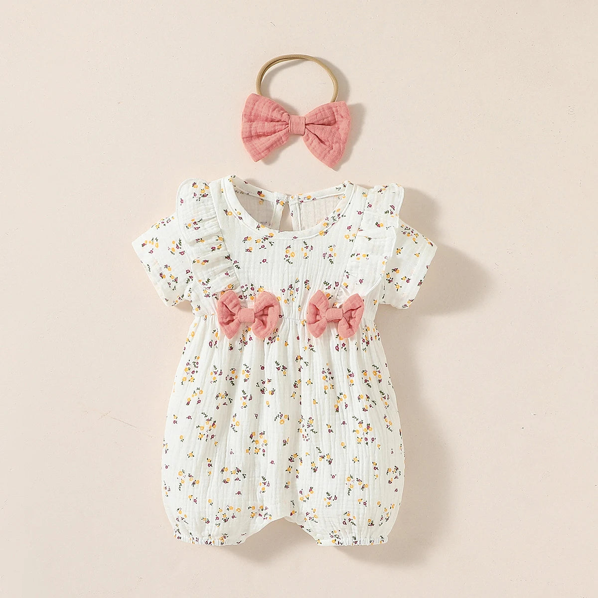 Baby Girl Heart Print Romper Set – Bow & Headband (0–9M)
