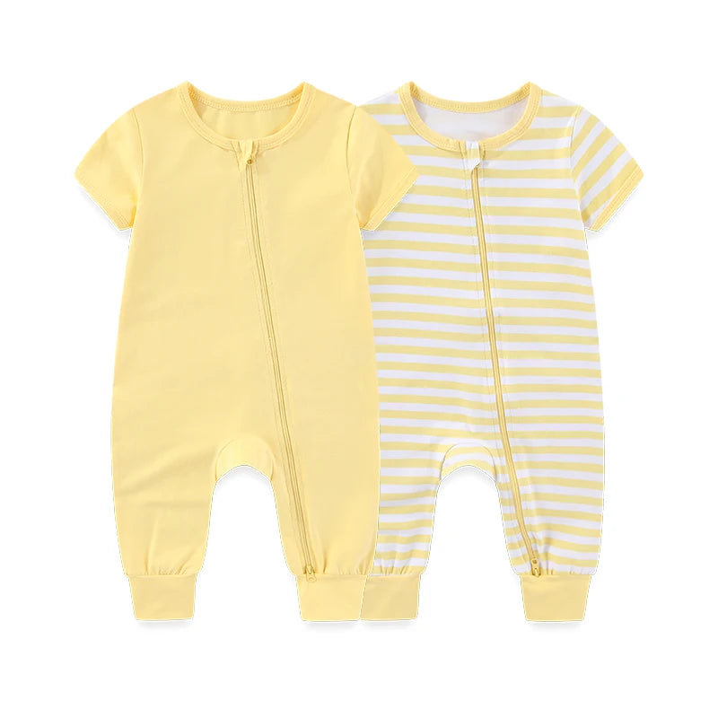Kiddiezoom 2 Pcs Unisex Solid Short Sleeve Zipper Baby Boy Girl Romper Cotton Soft Newborn Jumpsuits Clothing