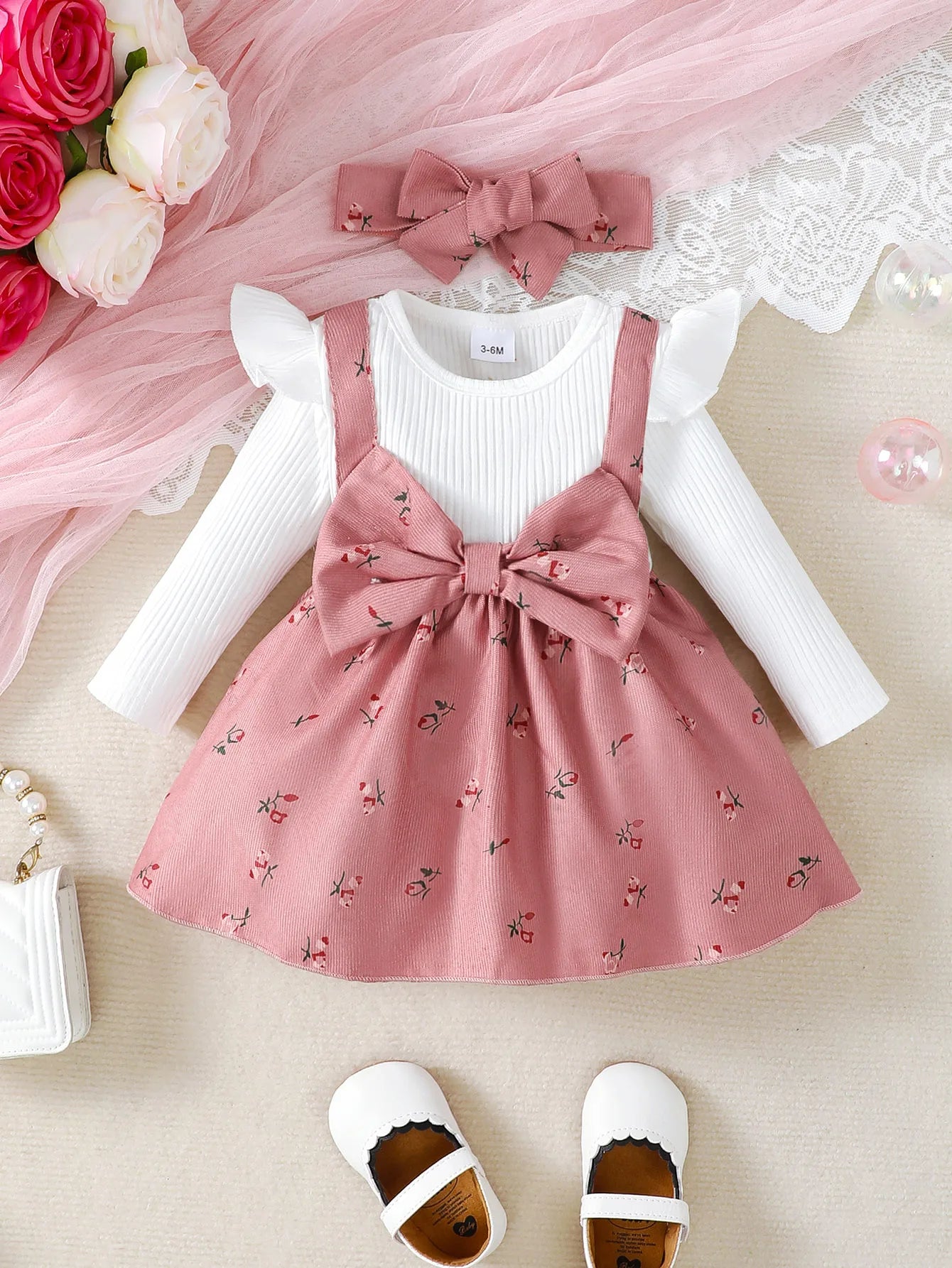 Baby Girl Floral Princess Dress Set – Big Bow + Headband (0–24M)