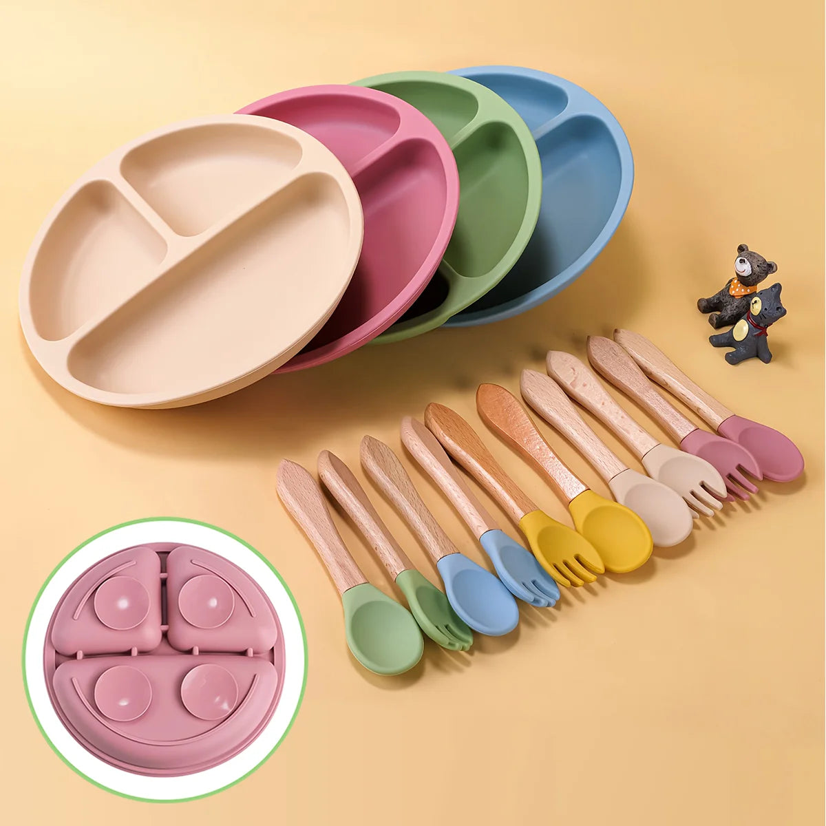 3PCS Silicone Baby Feeding Set with Bib – BPA-Free Toddler Tableware