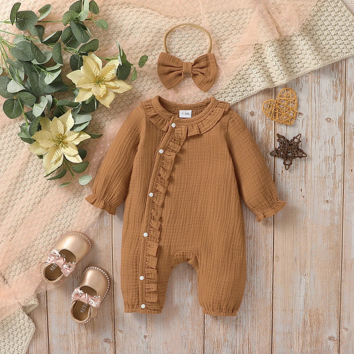 Newborn-6M Baby Girls Long Sleeve Solid Single Breasted Dressy Jumpsuit+Headband