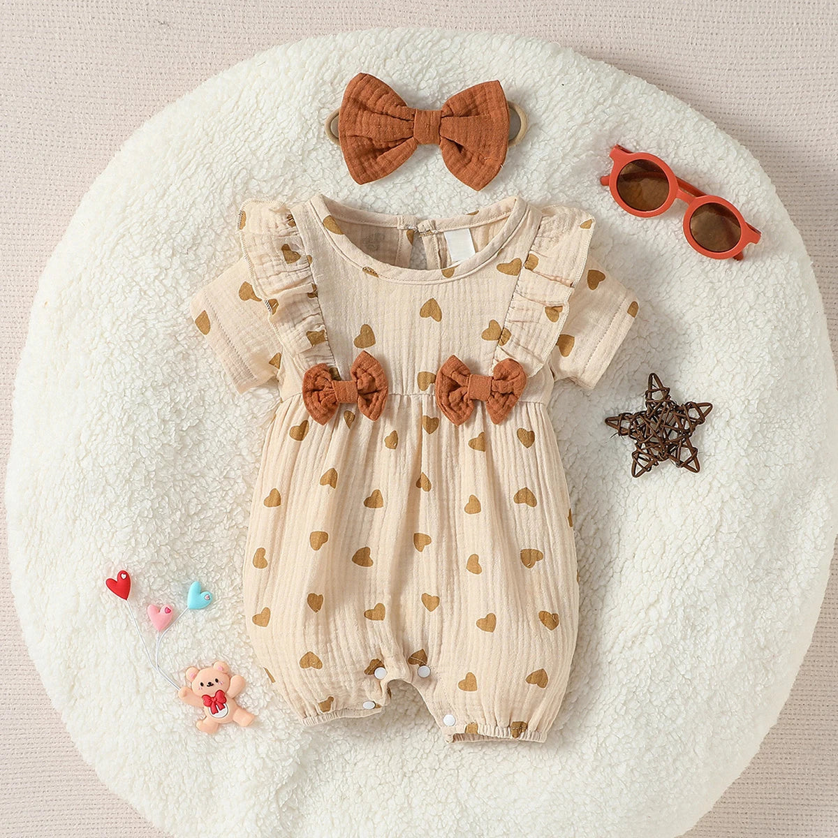 Baby Girl Heart Print Romper Set – Bow & Headband (0–9M)