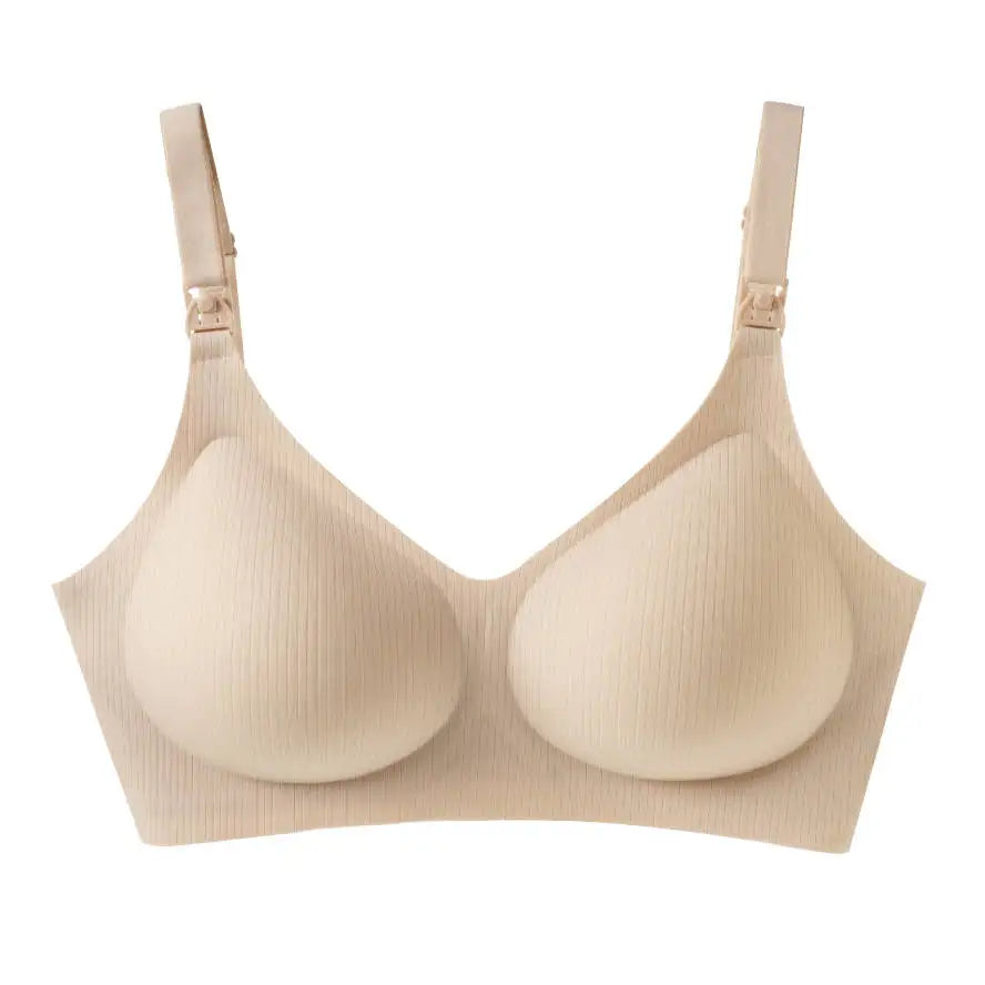 New Women'S Maternity Bra With Front Opening Solid Color Seamless Comfort Stripes V-Neck Jelly Style Nursing Bra