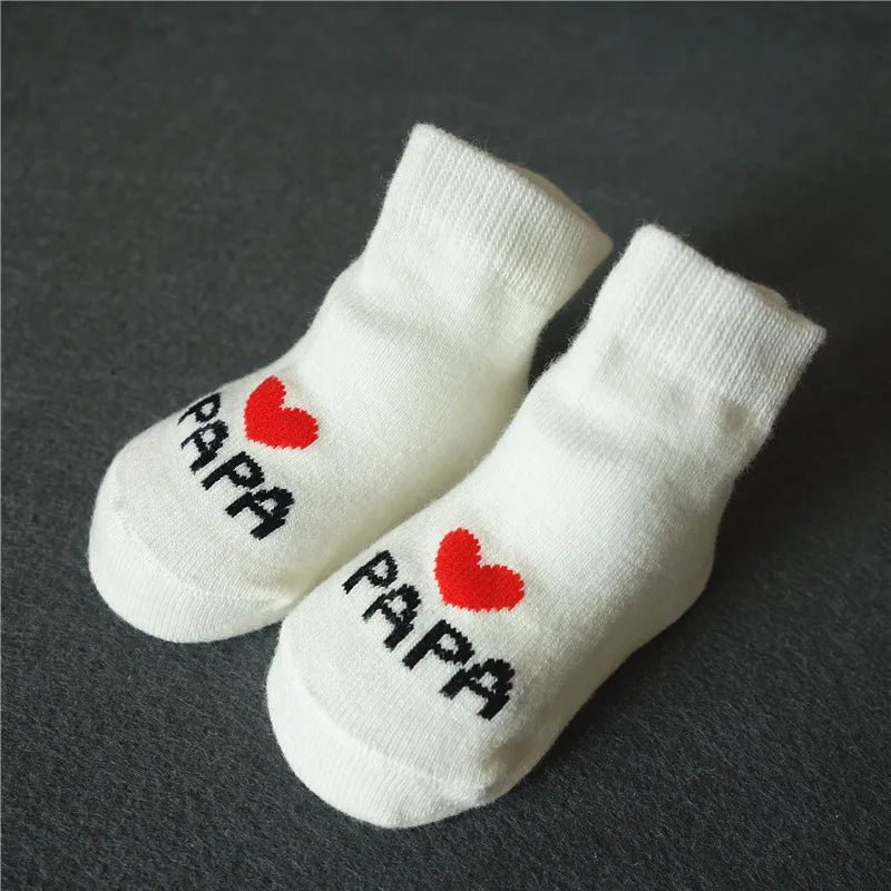 2 Pairs Baby “I love Mama & Papa” Cotton Socks – Newborn Gift