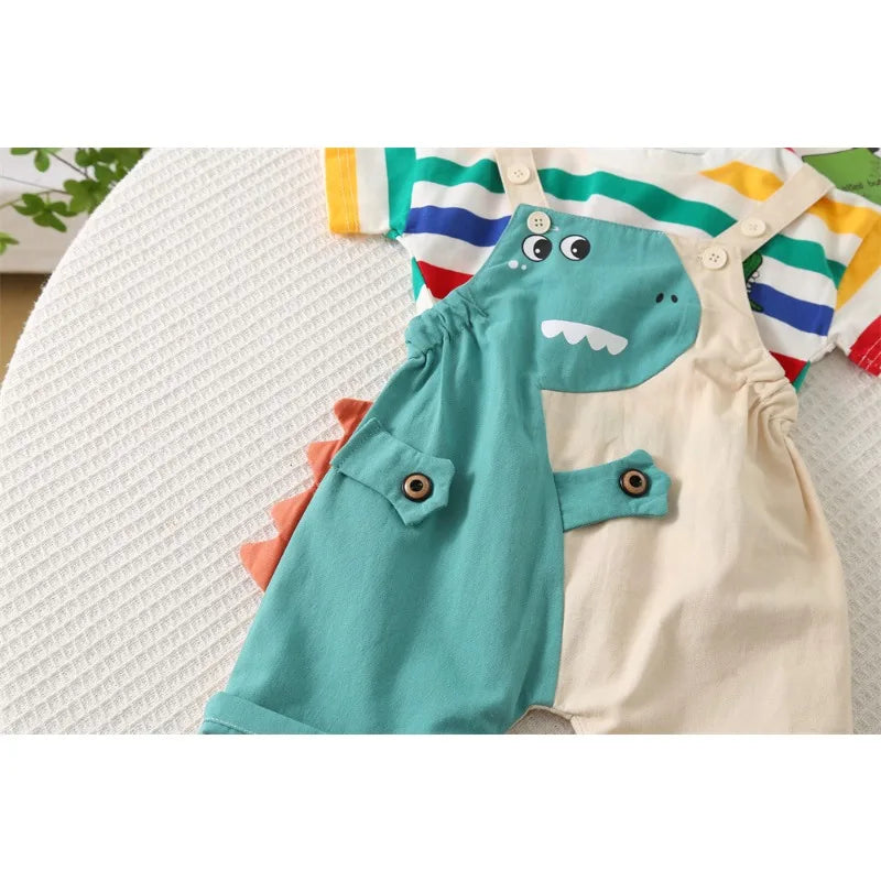 Summer Baby Boys Solid Color Short Sleeve Tracksuits Rainbow Striped Thin Tees Suits Dinosaur Strappy Shorts Little Girl Outfits