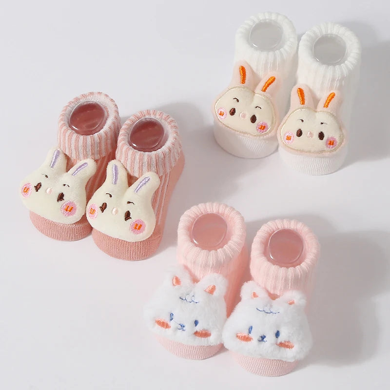 Cute Doll Cotton Baby Socks – Anti-Slip (0–6 Months)