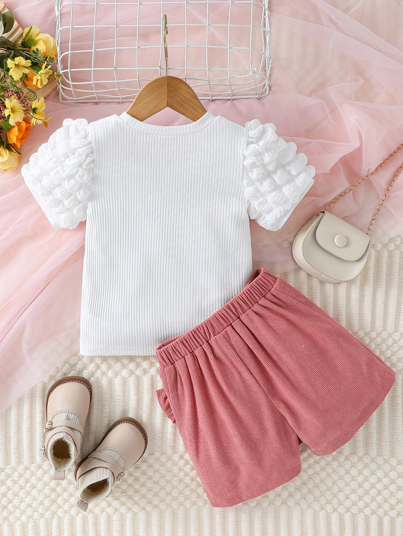 Toddler Girl Summer Fashion Casual Clothes Top With Heart Puff Sleeve &Pink Short Pant With Bow Active Clothing Set For 1-6Y