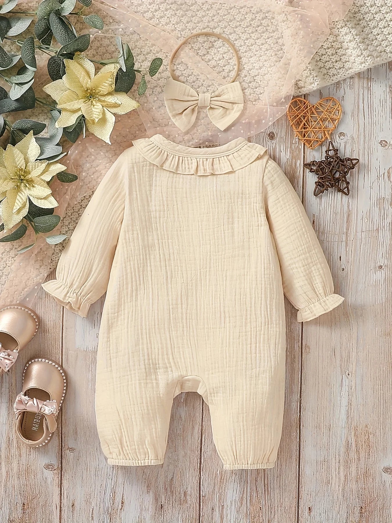 Newborn-6M Baby Girls Long Sleeve Solid Single Breasted Dressy Jumpsuit+Headband