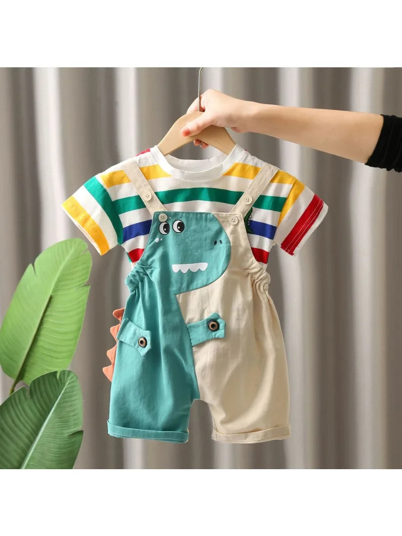 Summer Baby Boys Solid Color Short Sleeve Tracksuits Rainbow Striped Thin Tees Suits Dinosaur Strappy Shorts Little Girl Outfits