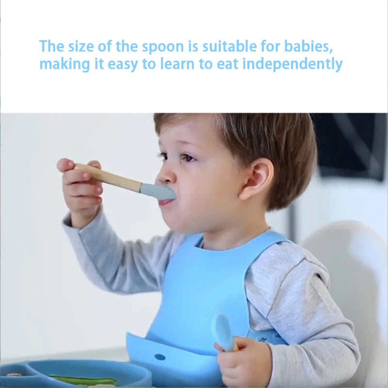 2Pcs Children's Wooden Handle Silicone Fork Spoon Soft and Resistant To Falling Baby Feeding Spoon Set Auxiliary Food Fork Spoon