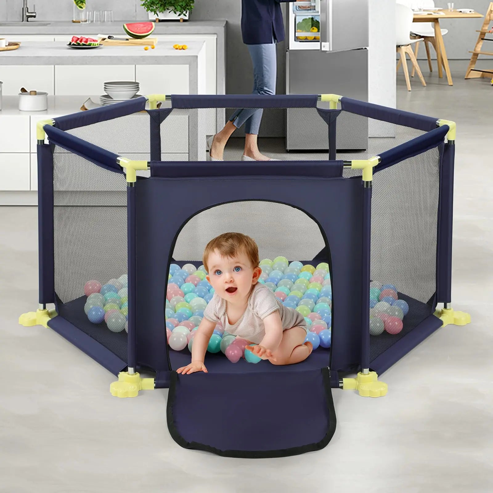 Baby Playpen, 6 Panel Playpen for Baby and Toddlers with Breathable Mesh and 30 Play Balls, Indoor Outdoor Baby Fence