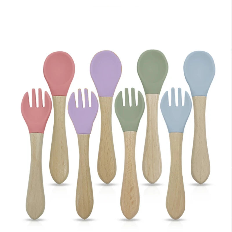 2Pcs Children's Wooden Handle Silicone Fork Spoon Soft and Resistant To Falling Baby Feeding Spoon Set Auxiliary Food Fork Spoon