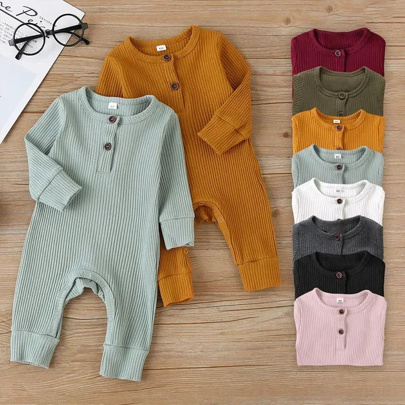 Ribbed Cotton Baby Romper – Long Sleeve Jumpsuit (0–12M)