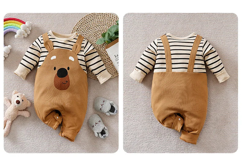 0-18Months Boys and Girls Baby Spring and Autumn Long-Sleeve Romper Fake Suspenders Beige Bear Stripes 100% Cotton baby clothes