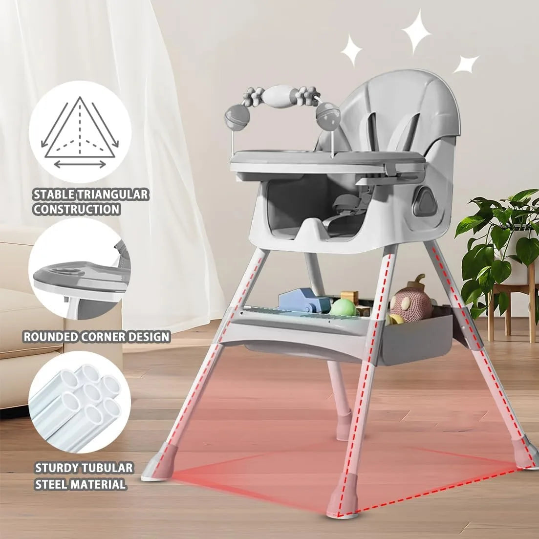 3-in-1 Foldable Baby High Chair with Double Tray