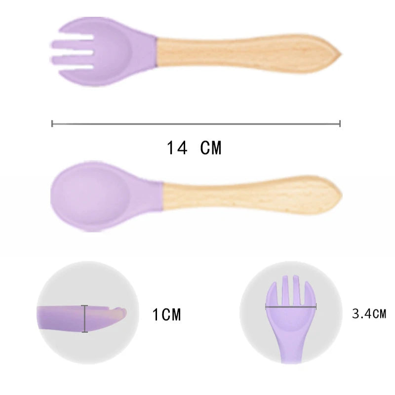 2Pcs Children's Wooden Handle Silicone Fork Spoon Soft and Resistant To Falling Baby Feeding Spoon Set Auxiliary Food Fork Spoon
