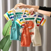Summer Baby Boys Solid Color Short Sleeve Tracksuits Rainbow Striped Thin Tees Suits Dinosaur Strappy Shorts Little Girl Outfits