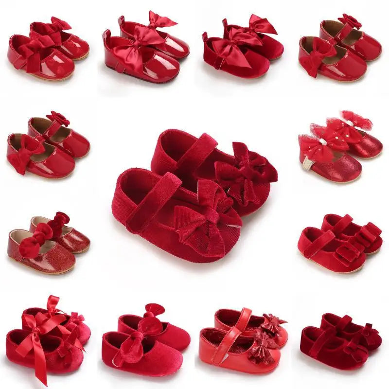 Red Bow Princess Baby Shoes – Anti-Slip Walking (Spring/Autumn)