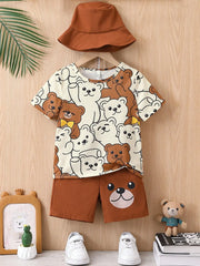 2-Piece Young Boy Casual Cartoon Bear Print Round Neck Short-Sleeved T-Shirt and Shorts Set Suitable for Summer Sports Suitable for Daily Use Suitable for Going to School and Travel