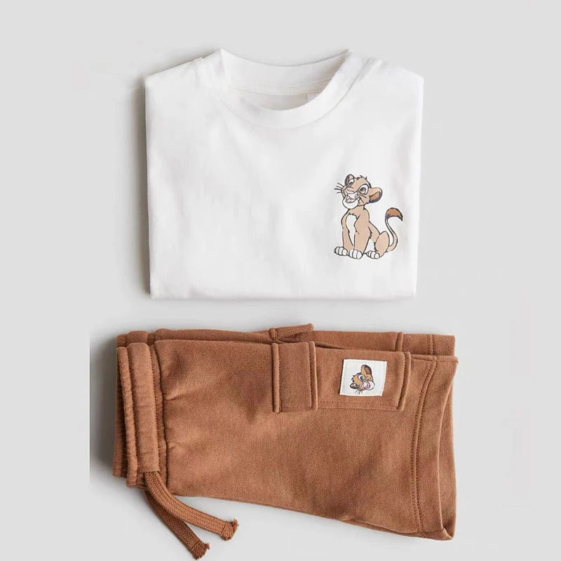 Summer Short Sleeve Shorts 2PCS Cartoon T Shirt Brown Shorts Kids Trendy Costume Baby Casual Suit Boys New Simple Crewneck Tees