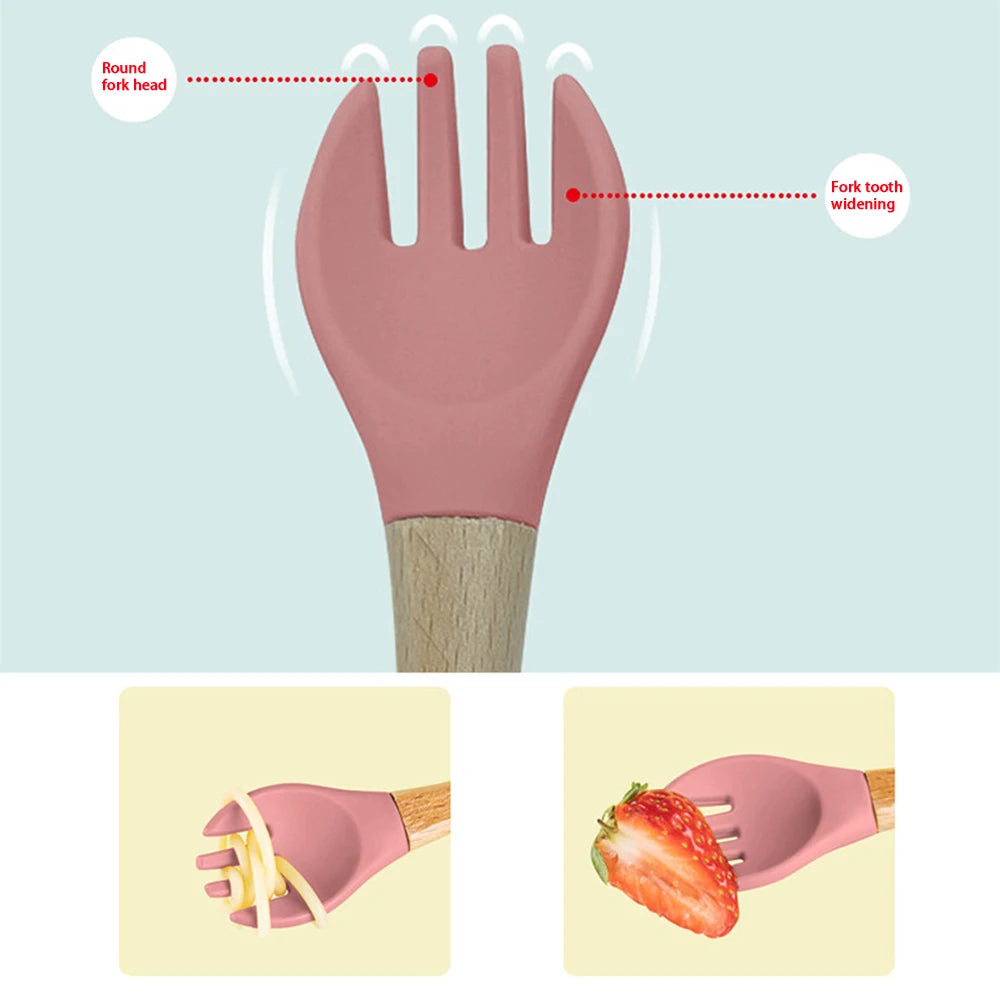 2Pcs Children's Wooden Handle Silicone Fork Spoon Soft and Resistant To Falling Baby Feeding Spoon Set Auxiliary Food Fork Spoon
