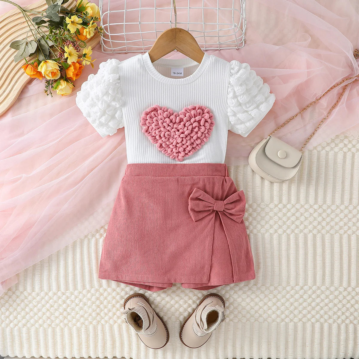 Toddler Girl Summer Fashion Casual Clothes Top With Heart Puff Sleeve &Pink Short Pant With Bow Active Clothing Set For 1-6Y