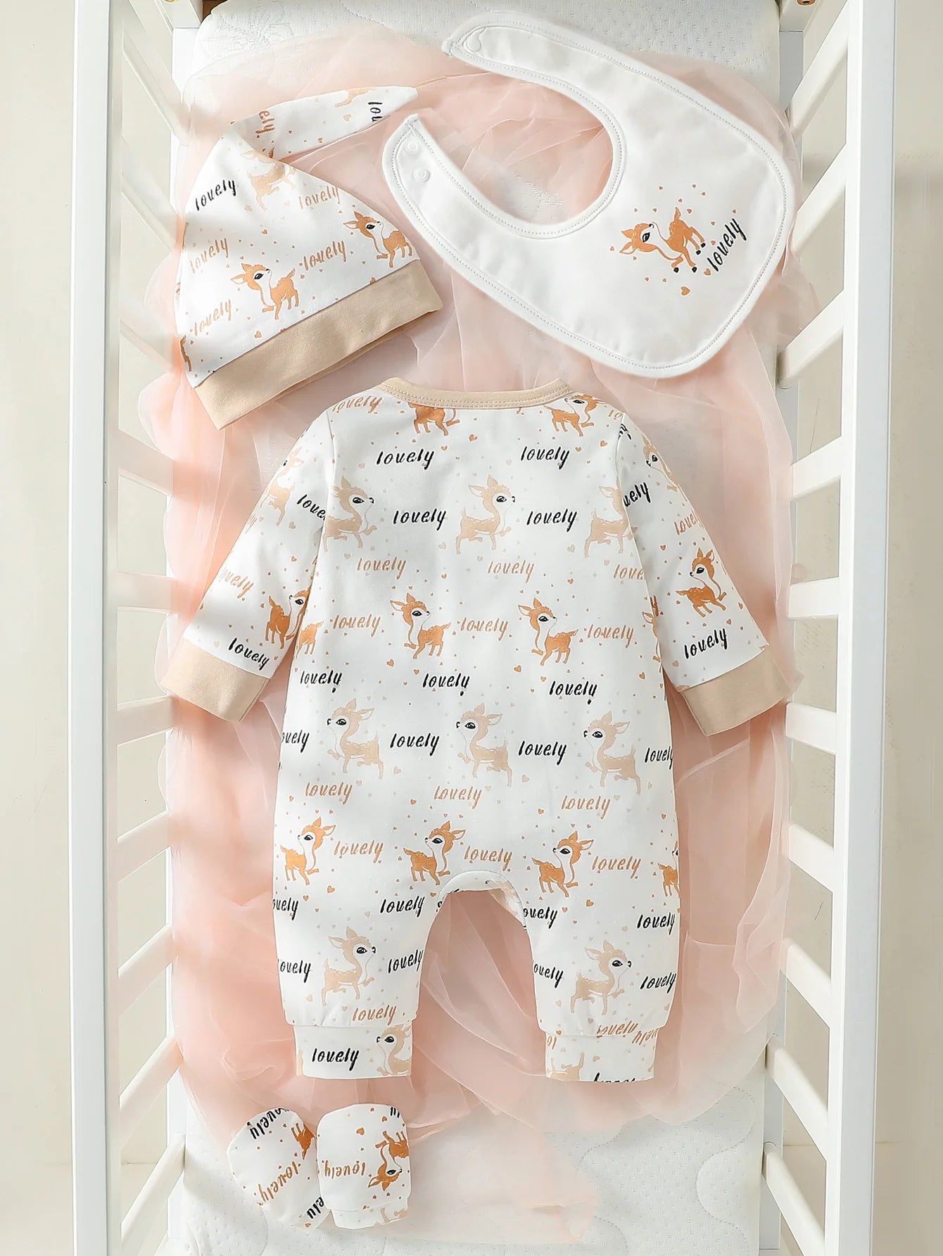 4PCS Baby Girl Cartoon Deer Jumpsuit Set – Bib, Hat & Gloves