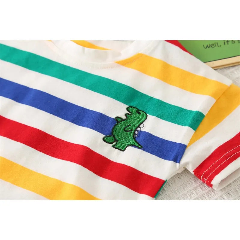 Summer Baby Boys Solid Color Short Sleeve Tracksuits Rainbow Striped Thin Tees Suits Dinosaur Strappy Shorts Little Girl Outfits