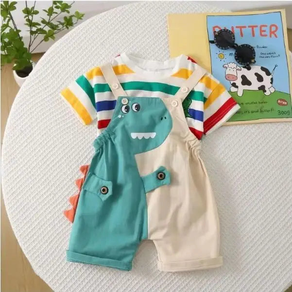 Summer Baby Boys Solid Color Short Sleeve Tracksuits Rainbow Striped Thin Tees Suits Dinosaur Strappy Shorts Little Girl Outfits