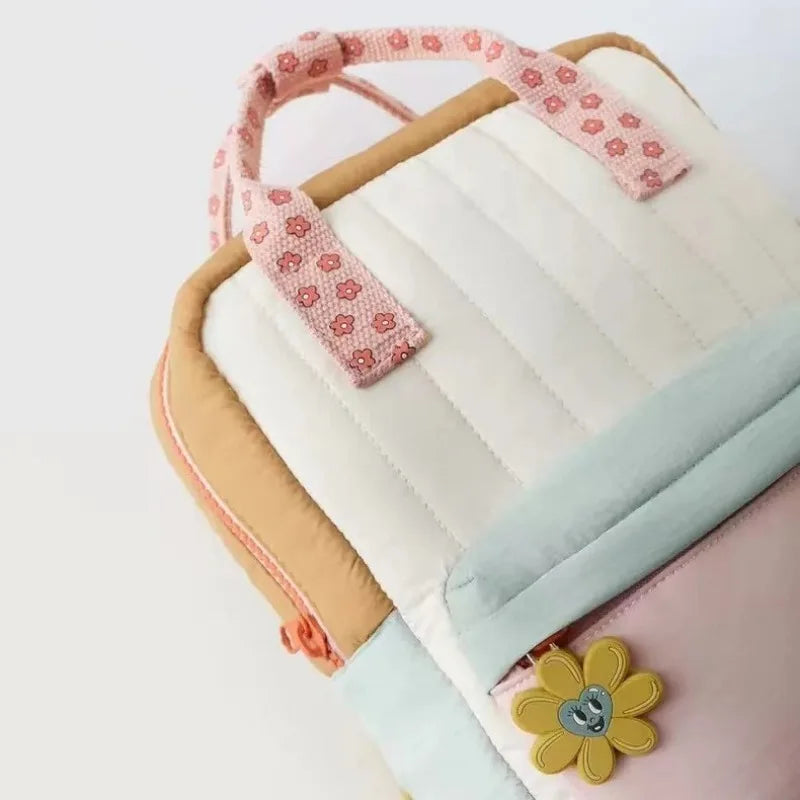 Cute Kids' Backpack with Sunflower Pendant – Colour-Block Design