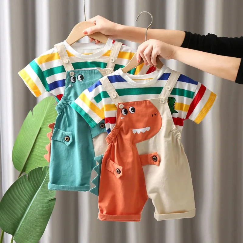 Summer Baby Boys Solid Color Short Sleeve Tracksuits Rainbow Striped Thin Tees Suits Dinosaur Strappy Shorts Little Girl Outfits