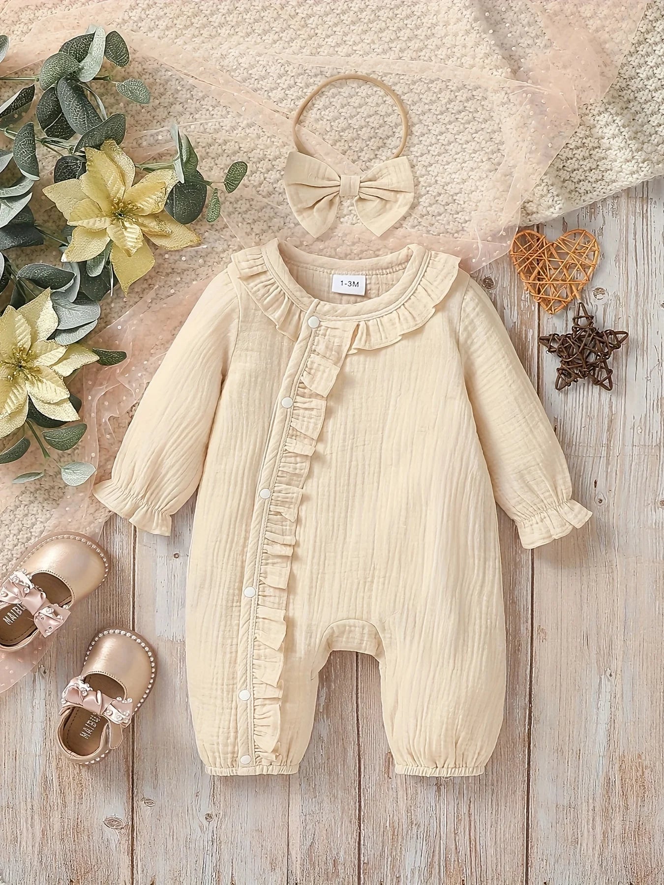 Newborn-6M Baby Girls Long Sleeve Solid Single Breasted Dressy Jumpsuit+Headband