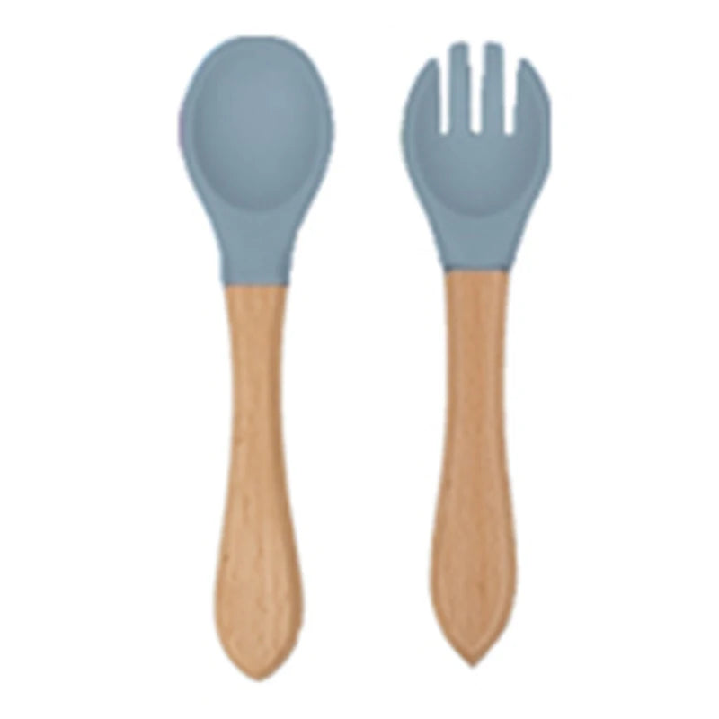 2Pcs Children's Wooden Handle Silicone Fork Spoon Soft and Resistant To Falling Baby Feeding Spoon Set Auxiliary Food Fork Spoon