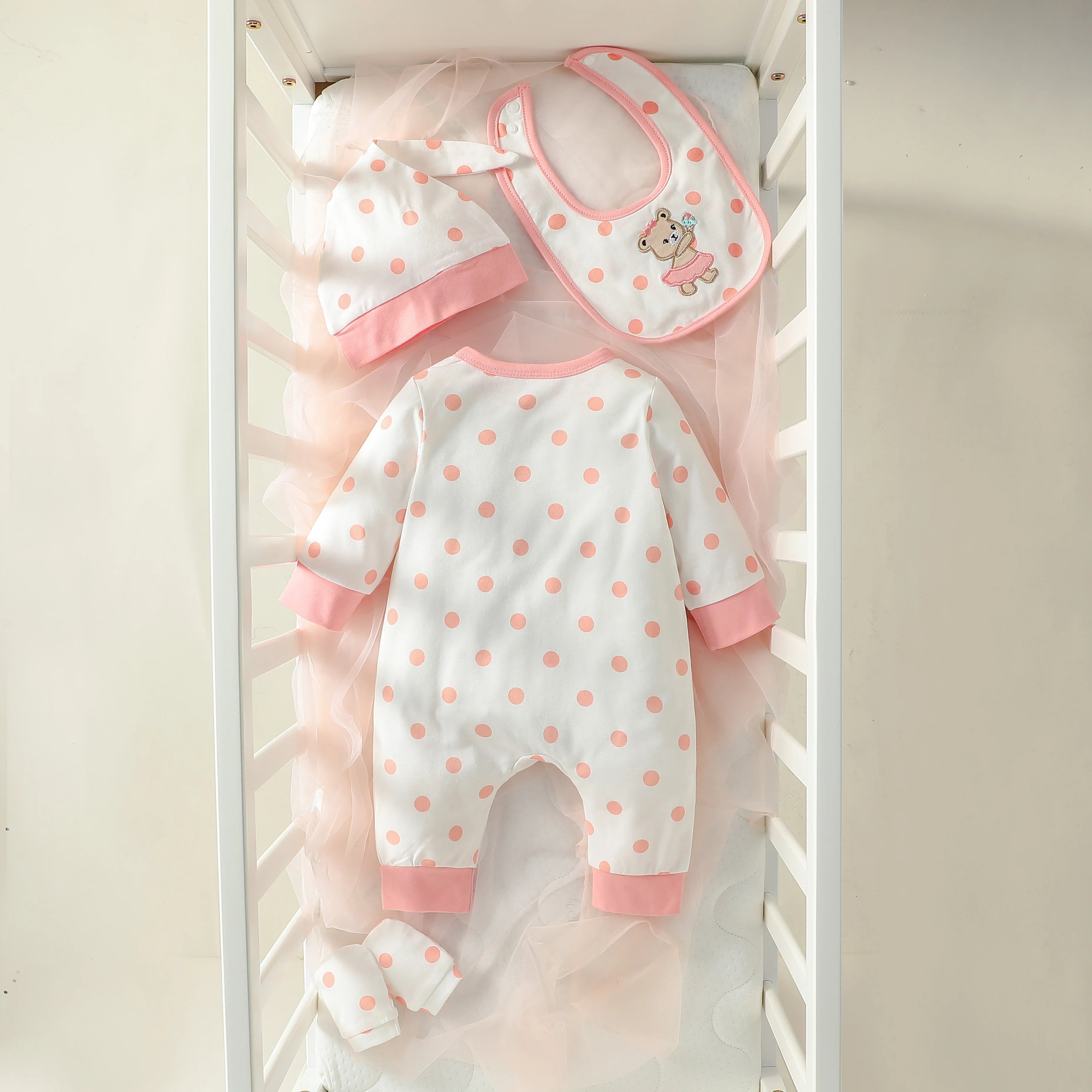 2025 Baby Girl 4PCS Bear Embroidered Jumpsuit Set – Bib, Hat & Gloves