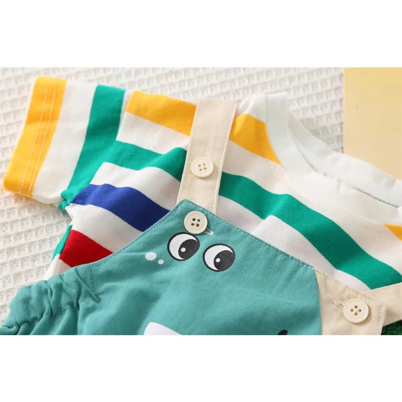 Summer Baby Boys Solid Color Short Sleeve Tracksuits Rainbow Striped Thin Tees Suits Dinosaur Strappy Shorts Little Girl Outfits