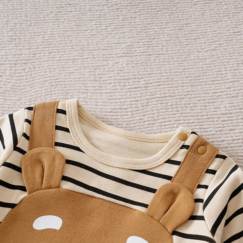 0-18Months Boys and Girls Baby Spring and Autumn Long-Sleeve Romper Fake Suspenders Beige Bear Stripes 100% Cotton baby clothes