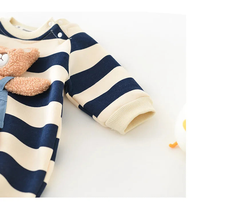 MILANCEL Thicken Lining Boys Baby Rompers Striped Cartoon Girls Jumpsuits Bear Outfit