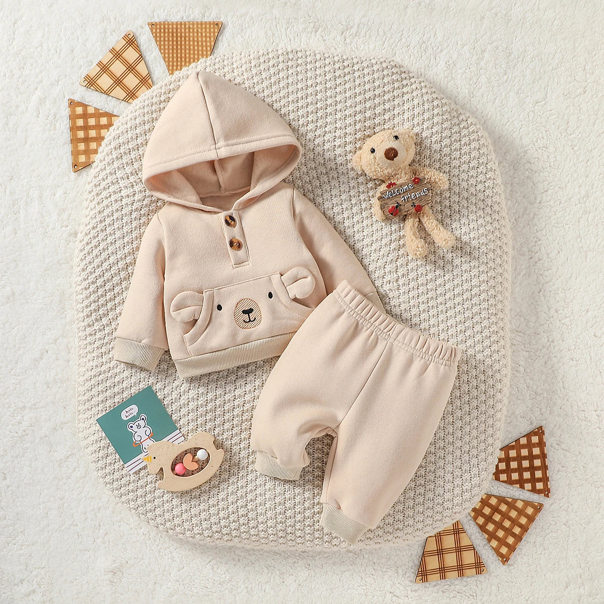 Baby Boys Solid 2PCS Antumn/Winter Long Sleeve Hooded Sweatshirt +Trousers For Newborn-6M Daily Cute Clothing Set
