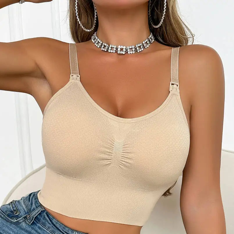 High Quality Women'S Nude Nursing Bra With Wireless Hooks Detachable Padding Comfortable Top Foldable Nursing Bra
